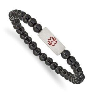 Stainless Steel Brushed Red Enamel Medical ID 6mm Onyx Beaded Stretch Bracelet